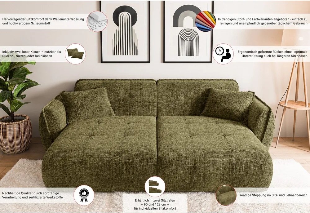 Divano verde con chaise lounge con rivestimento in ciniglia 252 cm Nelia Big – Ropez