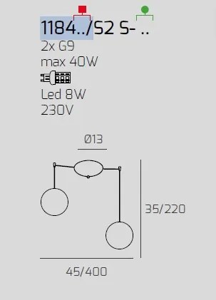 Sospensione cromo 2 luci spostabile vetri tr + am 1184cr-s2 s-ta