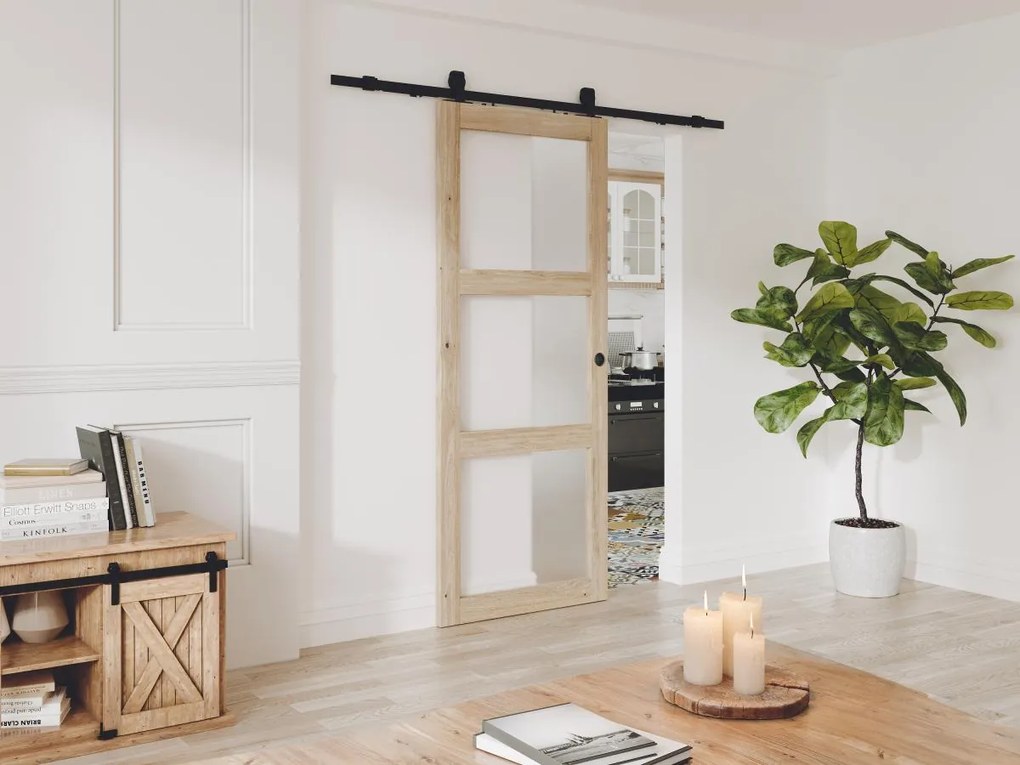 Porta scorrevole con sistema esterno muro 3 finestre H205xL83cm Legno e Vetro temperato smerig. - ACOSTA II
