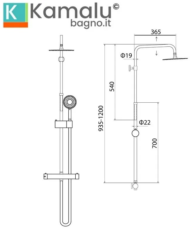 Kamalu - Colonna doccia design tondo con soffione, doccetta e flessibile |  L6700