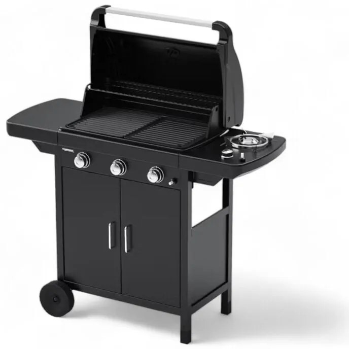 Campingaz - Barbecue a gas 3 fuochi in acciaio con ruote fornello laterale e griglia in ghisa smaltata Compact exs