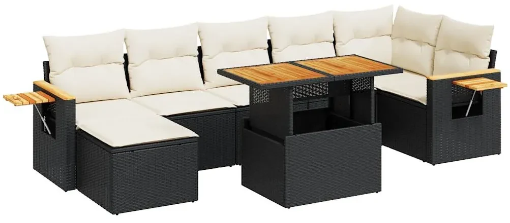 Set divani da giardino con cuscini 8 pz nero polyrattan acacia
