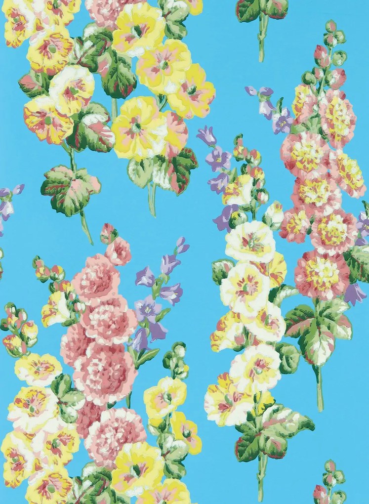 Sanderson Tapete Hollyhocks - Fire Pink/ Bright Blue
