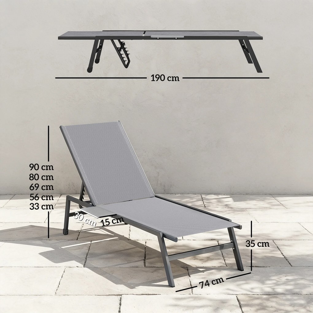 Set 2 Lettini Prendisole Regolabili in 5 Posizioni con Tavolino Laterale e 2 Ruote in Metallo e Poliestere Grigio...