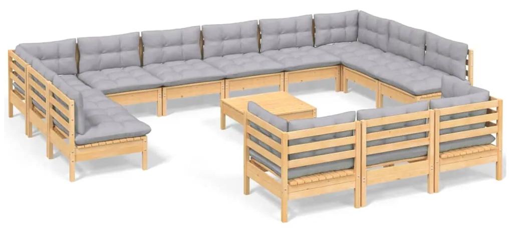 Set divani da giardino 14 pz con cuscini grigi massello di pino