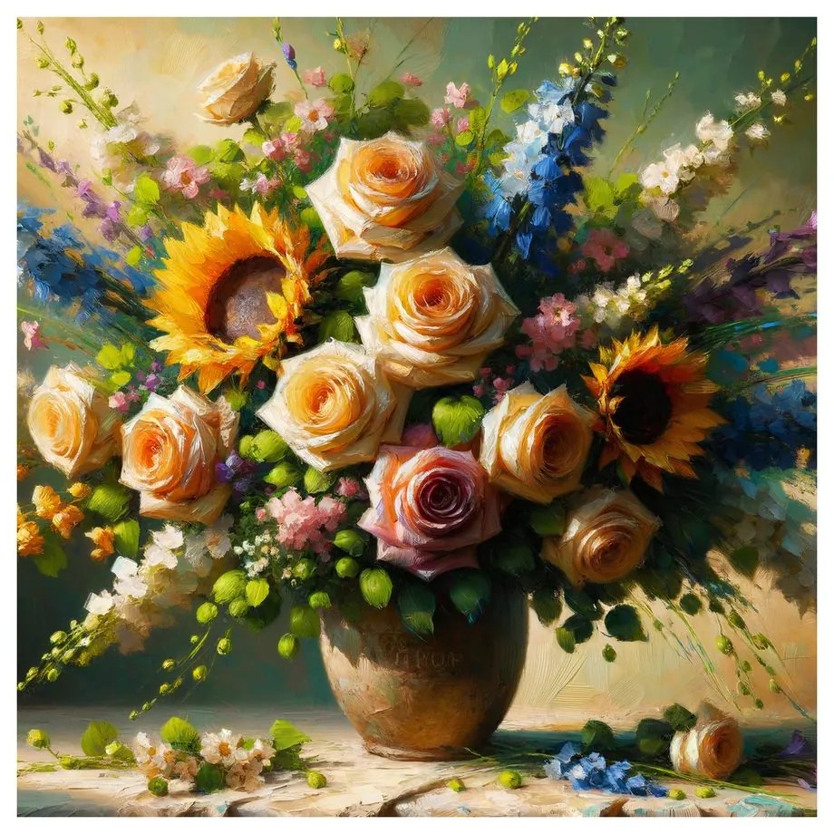 Quadro su tela – Bouquet di rose e girasoli