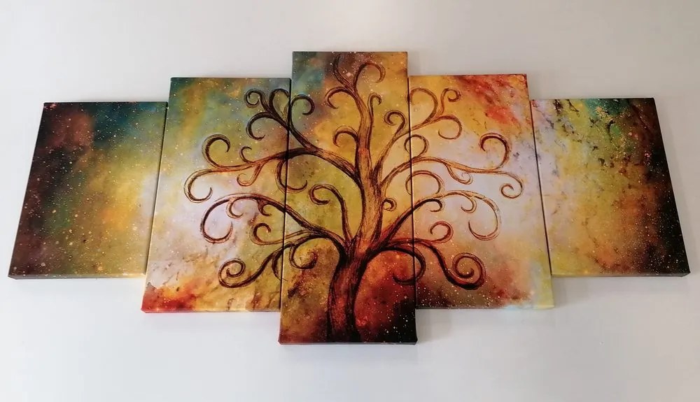 Quadri 5 pezzi – Albero della vita con astrazione cosmica