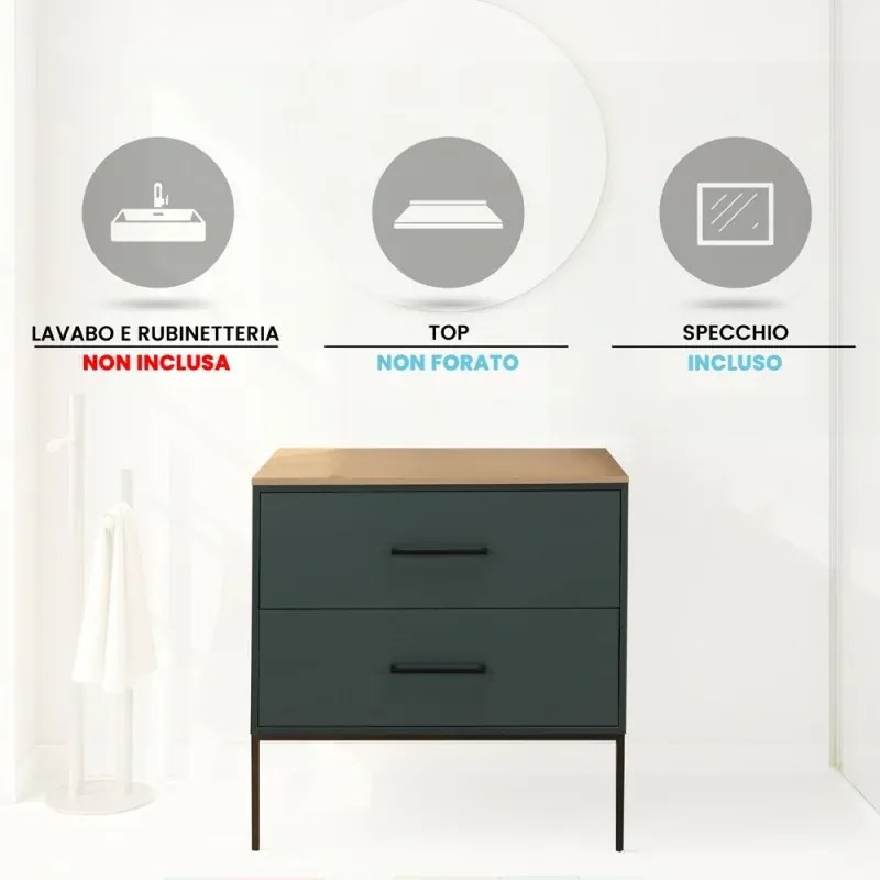 Mobile bagno sospeso 80cm verde petrolio con due cassetti e specchio Brik