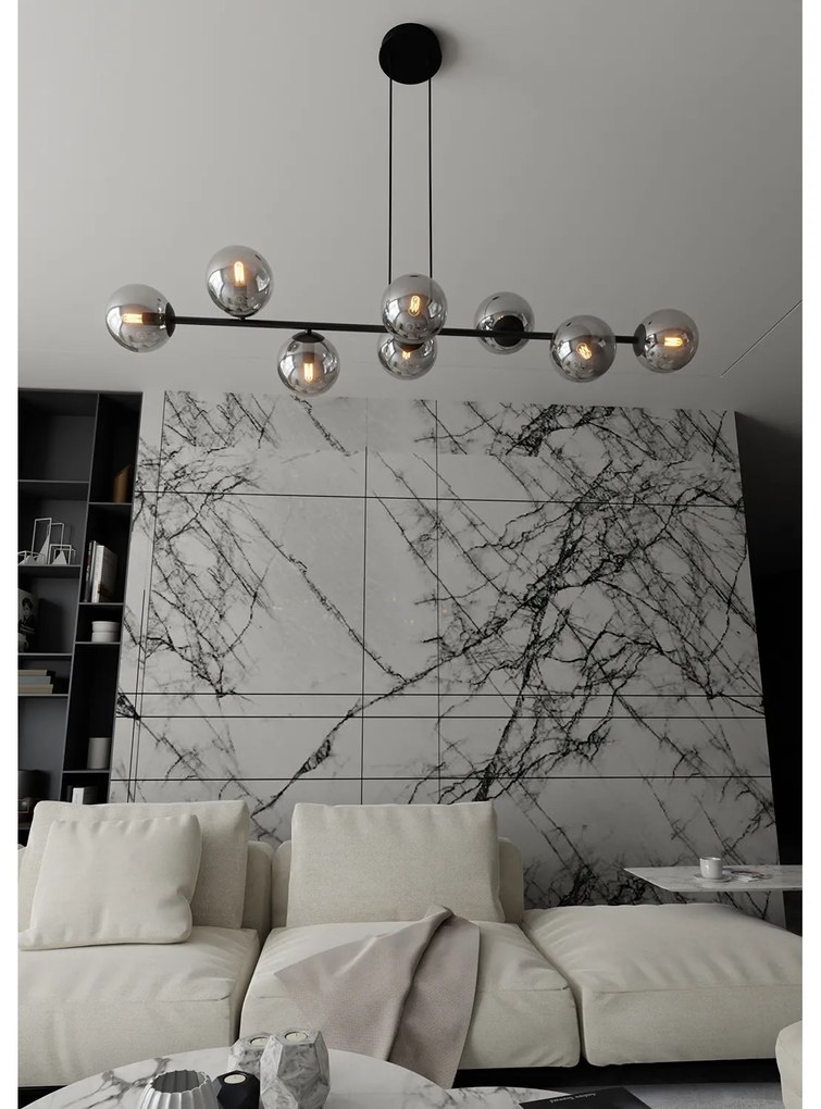 Lampadario Contemporaneo 8 Luci Durga In Acciaio Nero E Sfere In Vetro Fumè