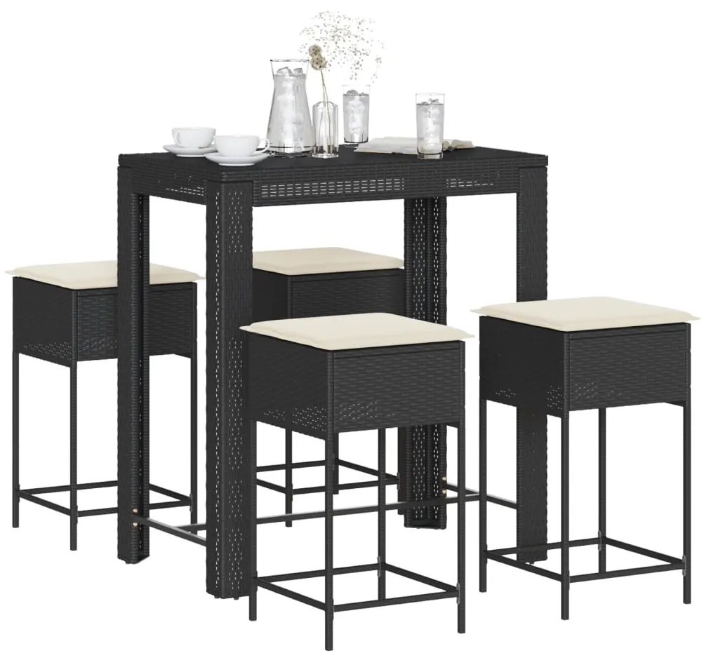 Set bar da giardino 5 pz con cuscini in polyrattan nero