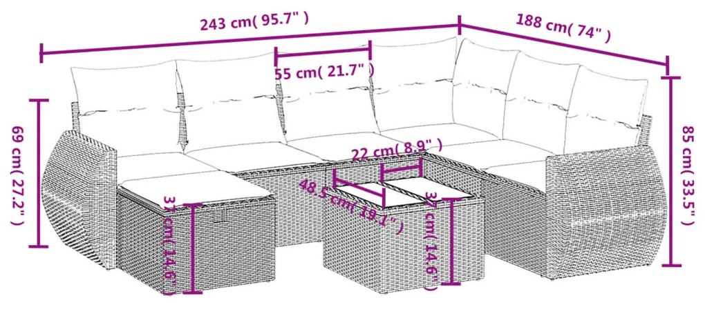 Set divani da giardino con cuscini 8 pz nero in polyrattan