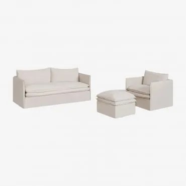 Set Da Soggiorno Grace In Lino E Cotone Con Divano 3 Posti, Poltrona E Pouf Tessuto Beige - Sklum