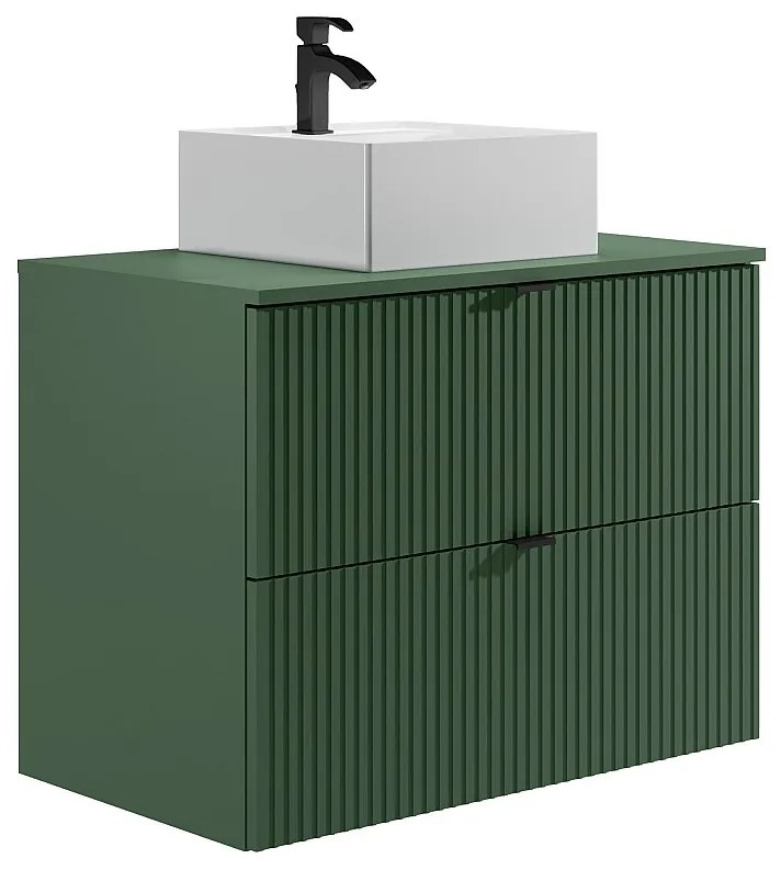 Mobile per bagno sospeso con scanalature con lavabo quadrato da appoggio - Verde opaco - 80 cm - ZEVINI