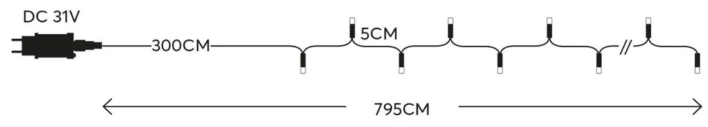 Catenaria Natalizia LED 8m 8 GIOCHI DI LUCE Cavo VERDE IP44 Luce ROSSO Colore Rosso 620 - 625 °K