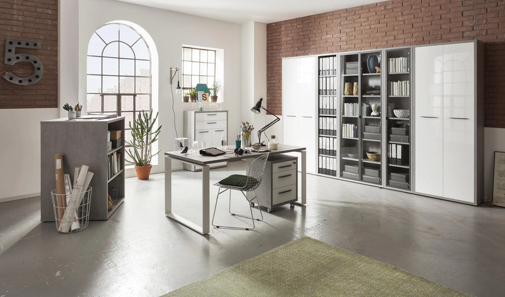 Ufficio completo in finitura Cemento e Bianco Laccato II