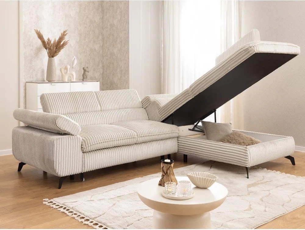 Divano angolare color crema (con penisola a destra/a L) con rivestimento in velluto a coste Marbeya – Ropez