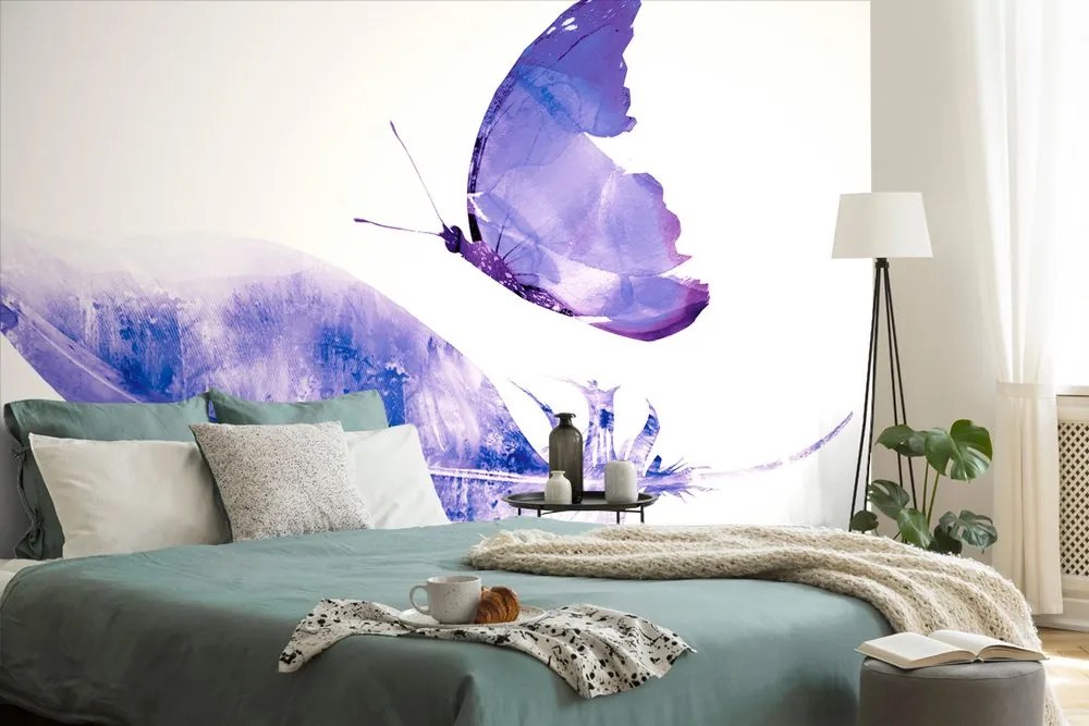 Carta da parati – Piuma con farfalla in stile viola
