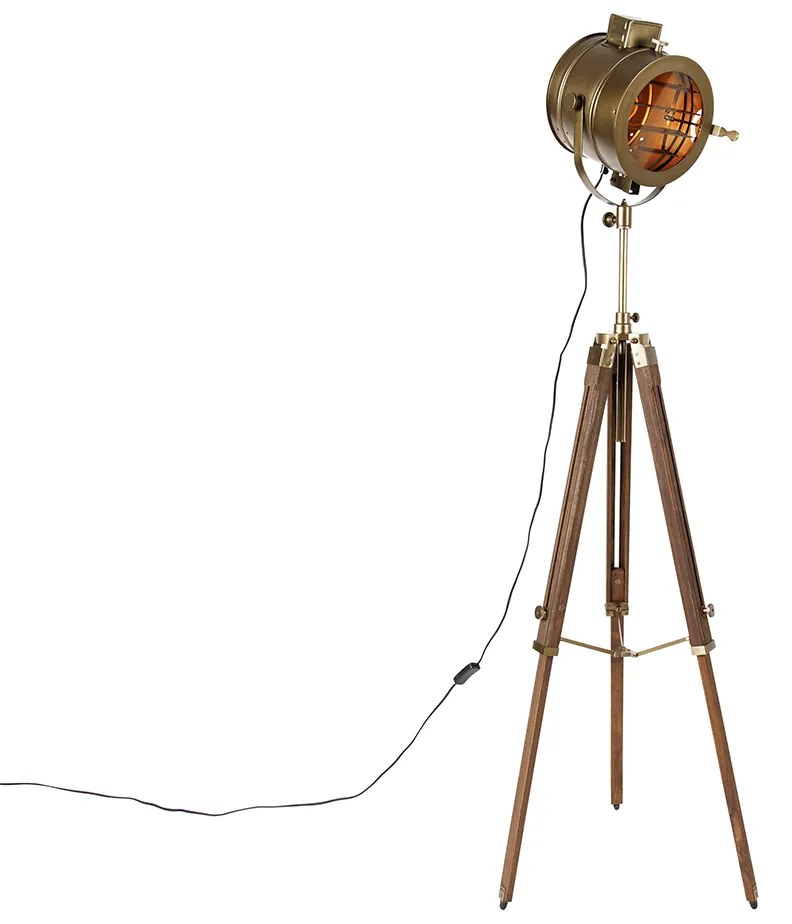Lampada da terra a treppiede smart bronzo con faretto da studio in legno incl. WiFi A60 - Radient