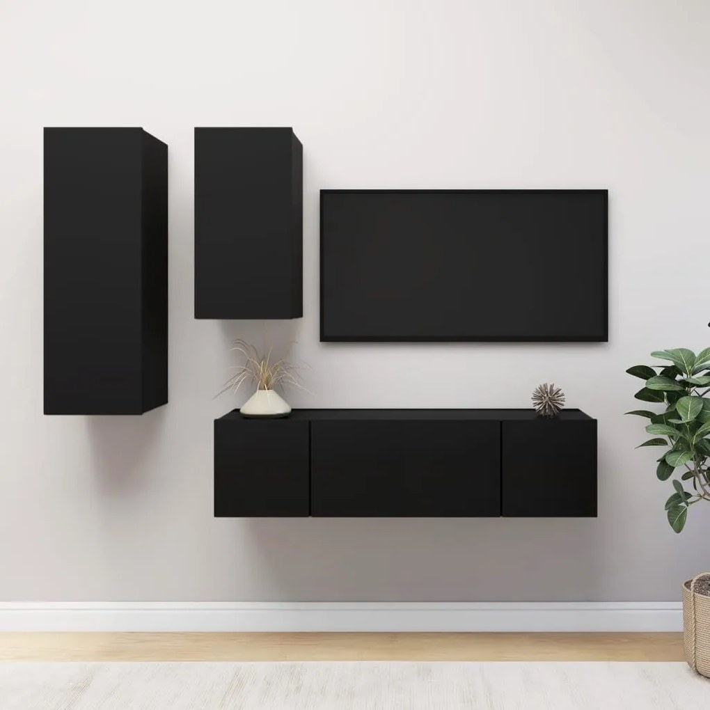 Set Di Mobili Porta Tv 4 Pz Nero İn Legno Multistrato /