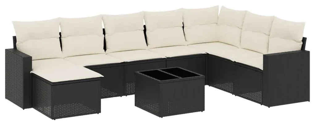 Set divani da giardino 9 pz con cuscini nero in polyrattan
