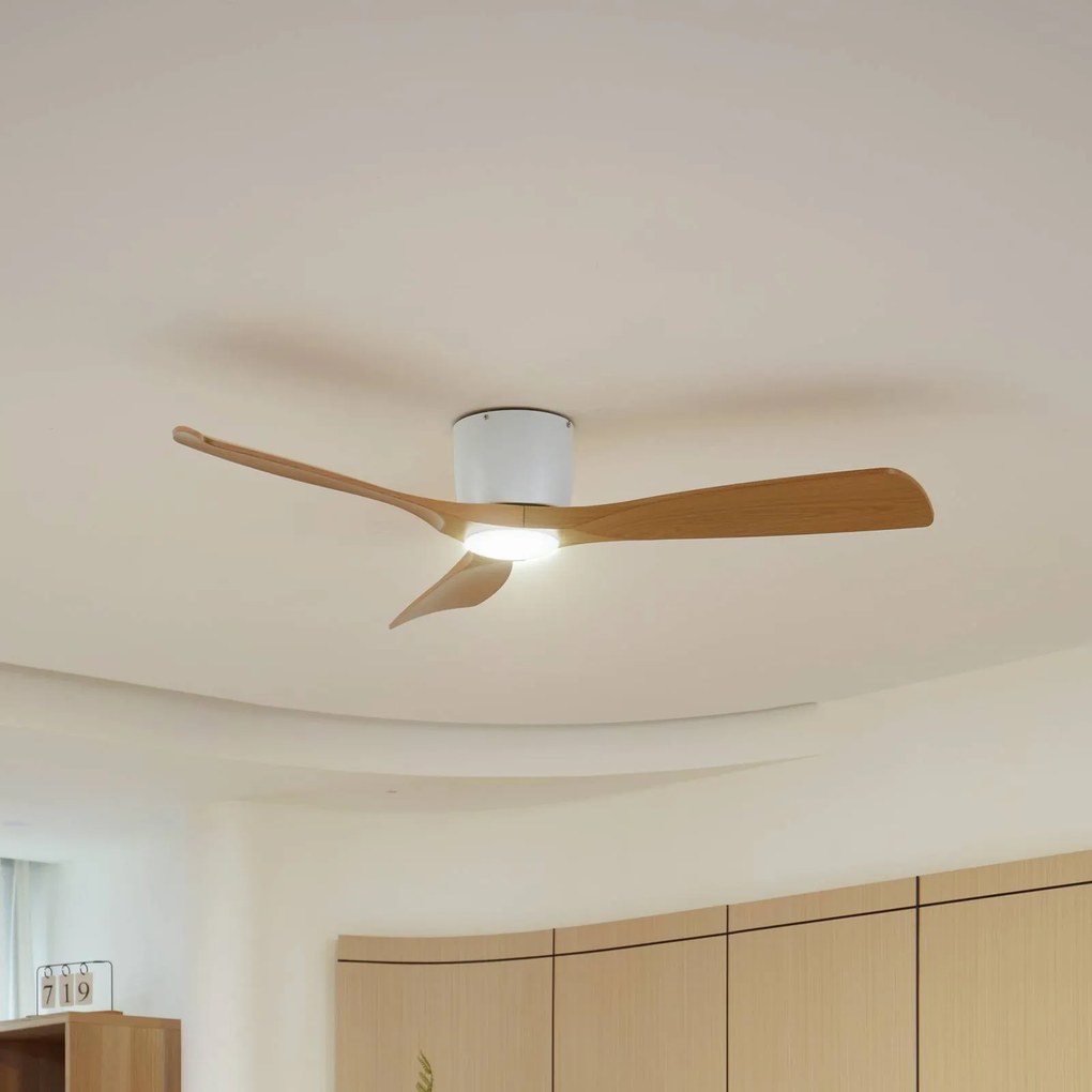 Lucande Smart LED ventilatore da soffitto Moneno, bianco/legno, Tuya