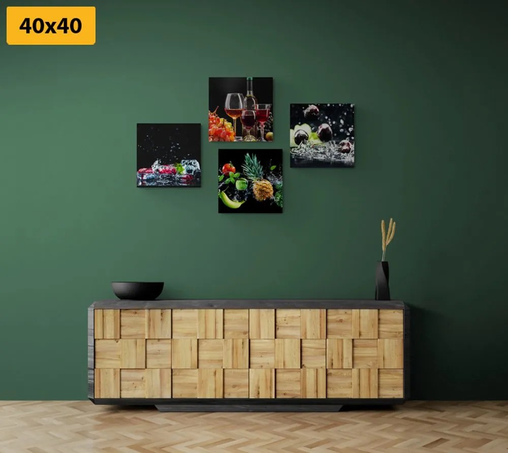Set di quadri – Vino e pezzi di frutta su sfondo nero