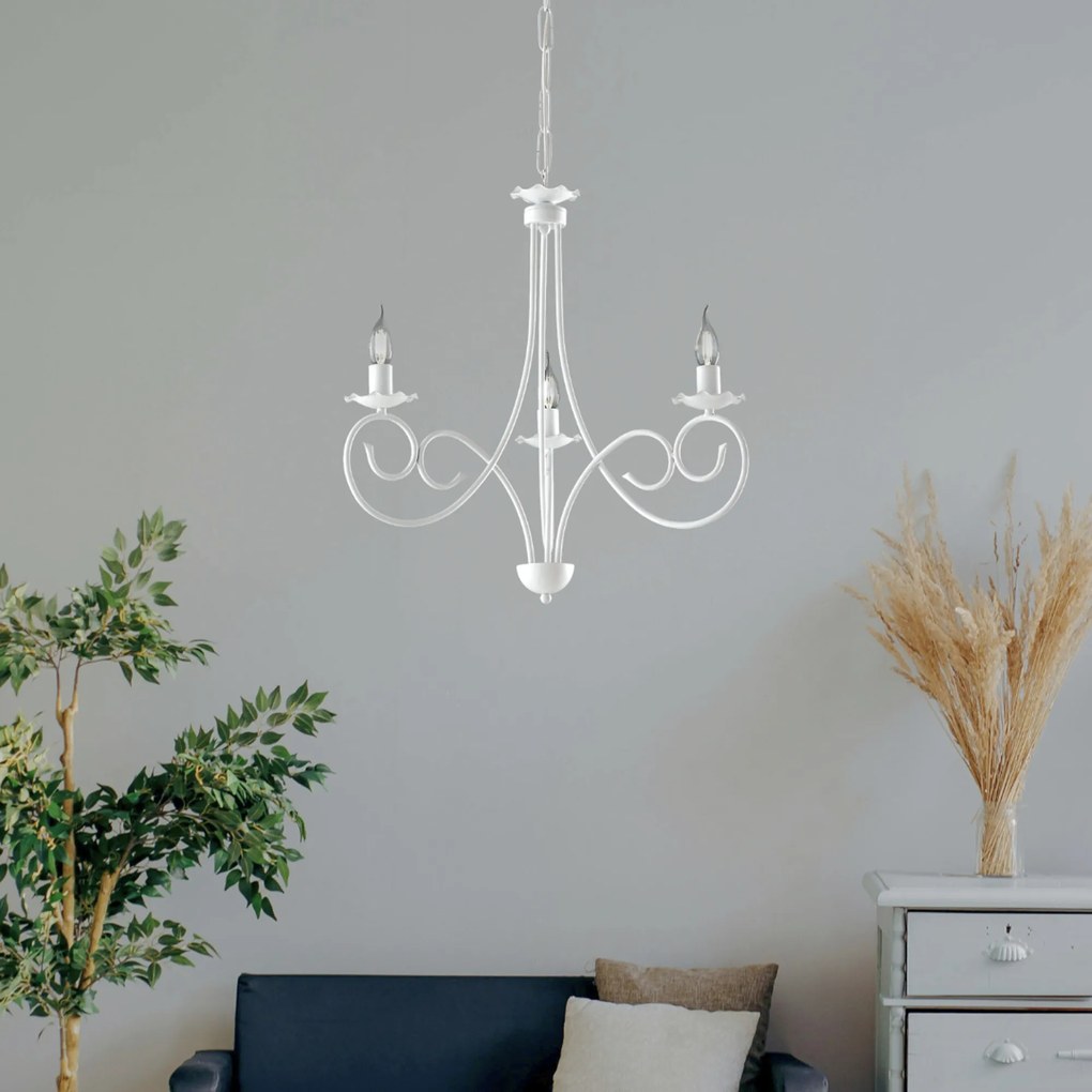 Lampadario Provenzale Candelabro Alma 3 Luci Ferro Battuto Bianco Shabby