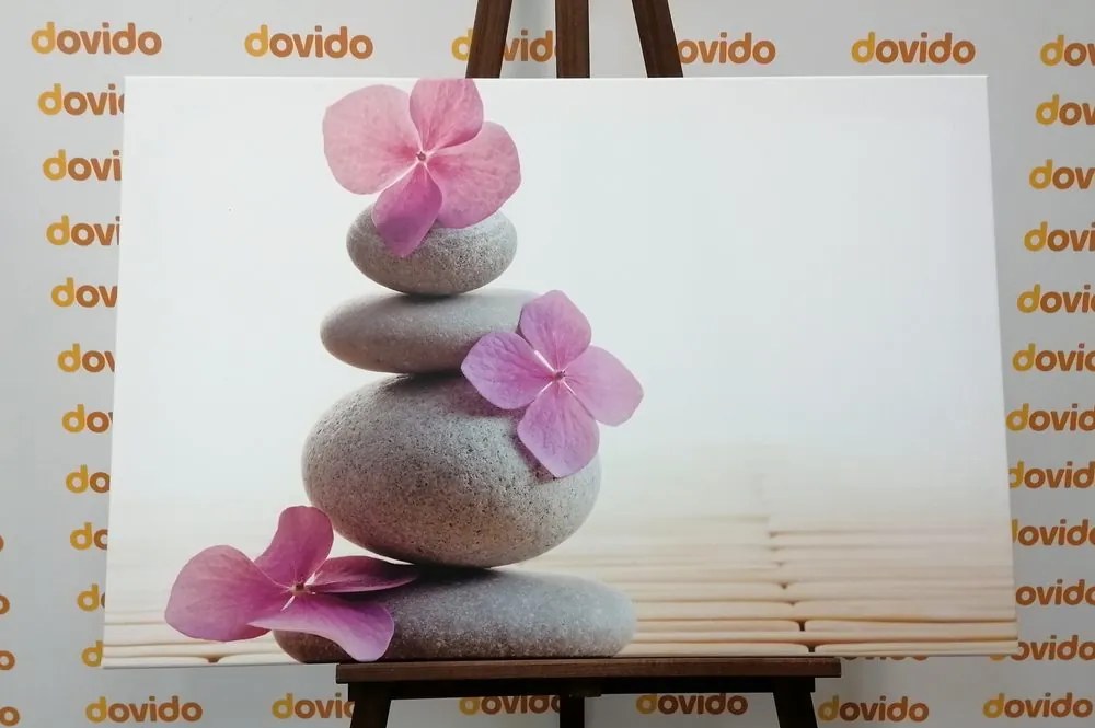 Quadro su tela – Equilibrio di pietre e fiori orientali rosa