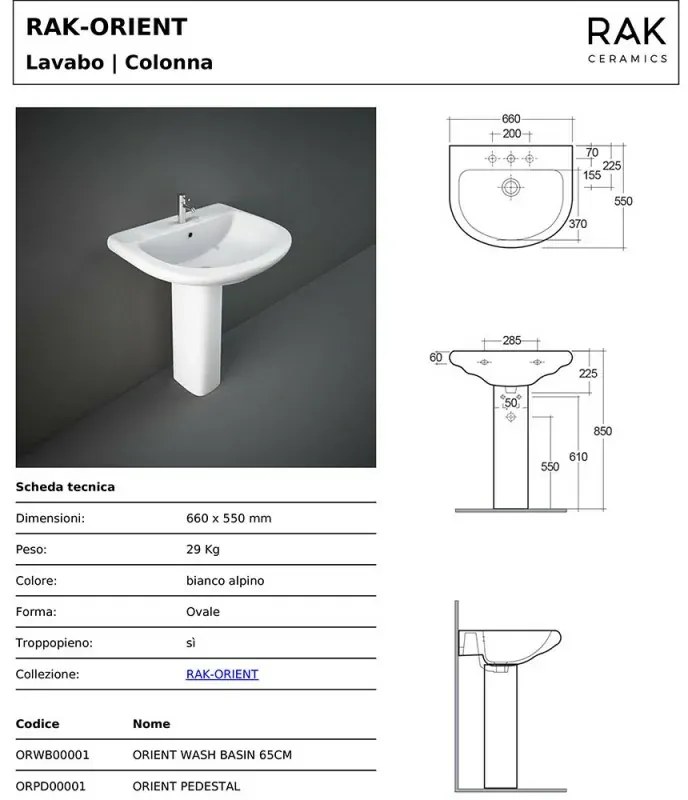 Lavabo bagno con colonna 66x55 cm Rak serie Orient in ceramica bianca lucida