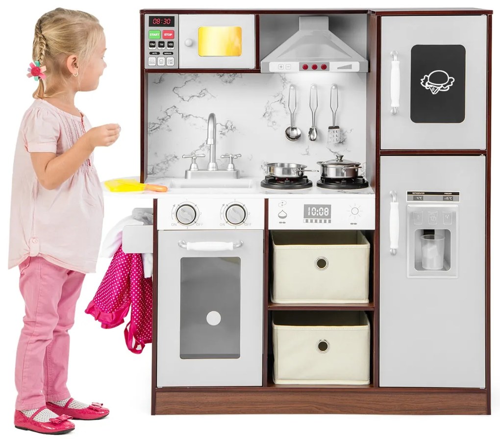 Costway Set di cucina giocattolo per bambini con luci e suoni accattivanti e forno a microonde, Set di cucina Caffè