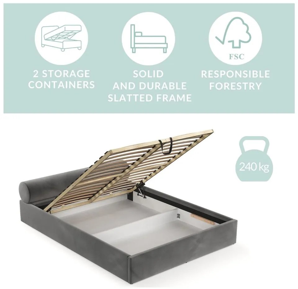 Letto matrimoniale imbottito verde scuro con contenitore e rete inclusi 180x200 cm Solvo – Maison de Rêve