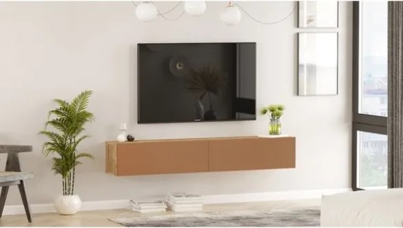 Mobile Tv Sospeso 180x32x30 Effetto Legno Rovere E Rosso Mattone Frame