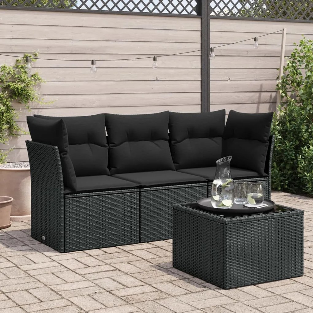 Set divani da giardino 4 pz con cuscini nero in polyrattan