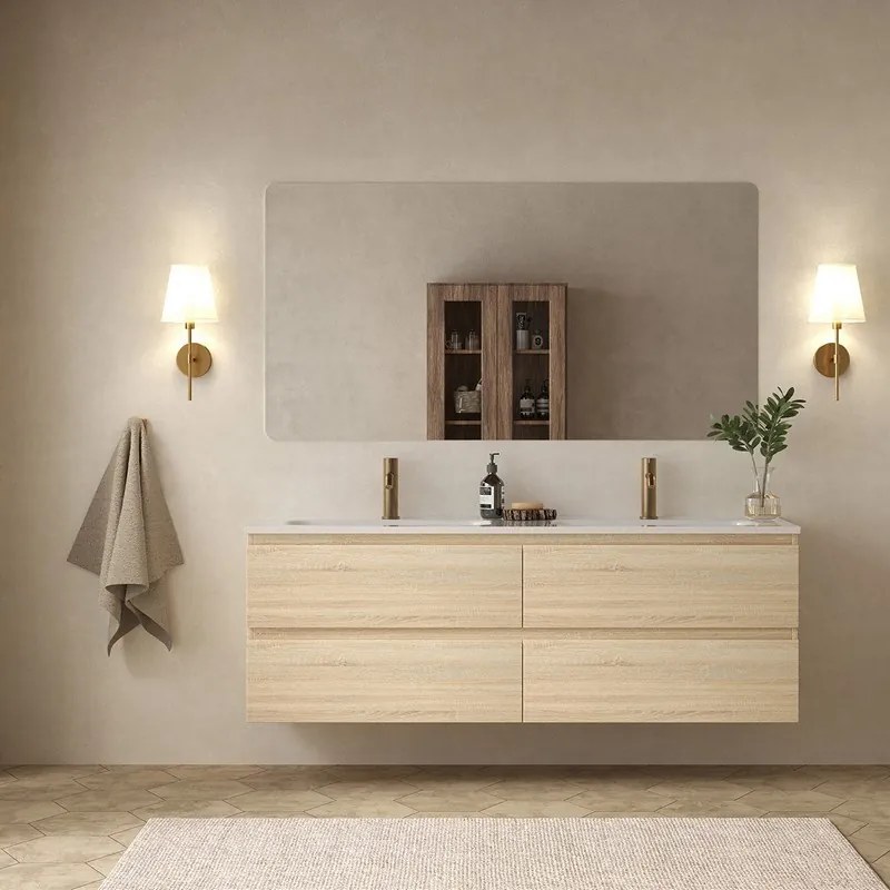 Mobile bagno 140 cm 4 cassetti doppio lavabo legno chiaro | KAM-HR140C - KAMALU