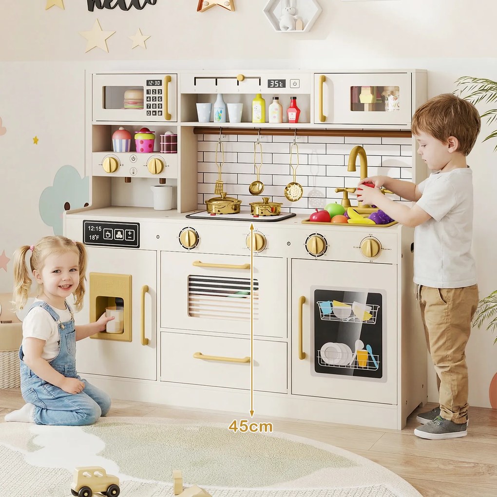 Costway Cucina giocattolo per bambini con fornelli luci suoni rubinetto lavandino, Microonde cappa forno lavastoviglie set in legno per 3+ anni