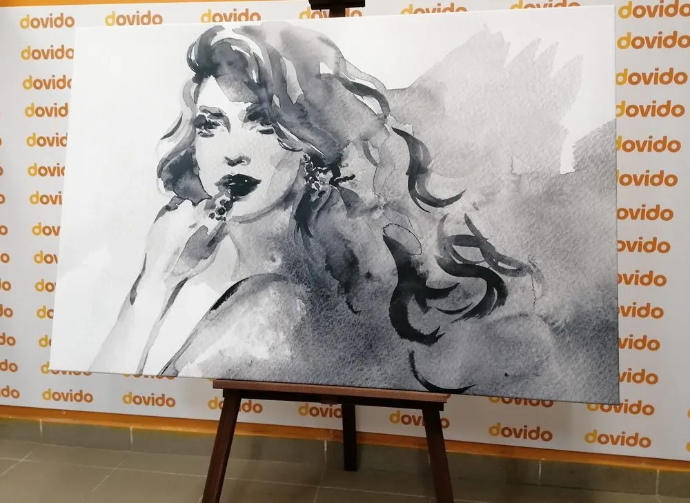 Quadro su tela – Ritratto femminile ad acquerello in bianco e nero