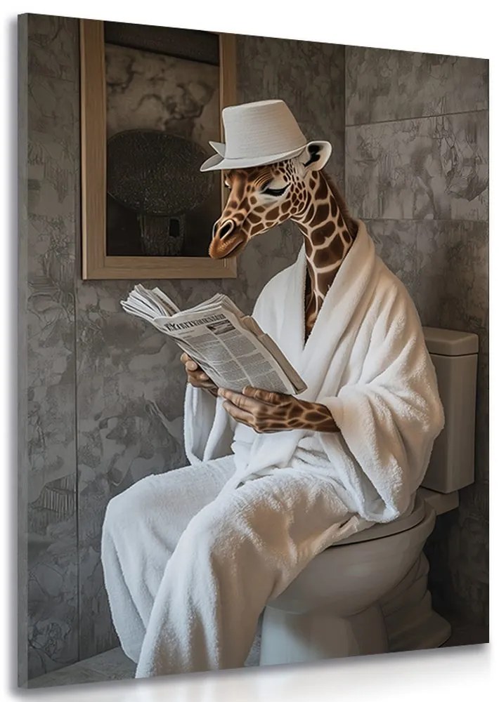 Quadro su tela – Giraffa con giornale in bagno