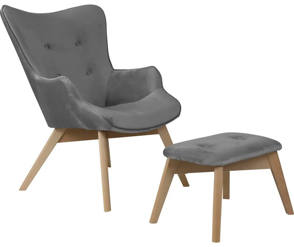 Poltrona con poggiapiedi grigia con rivestimento in velluto Niko – Ropez