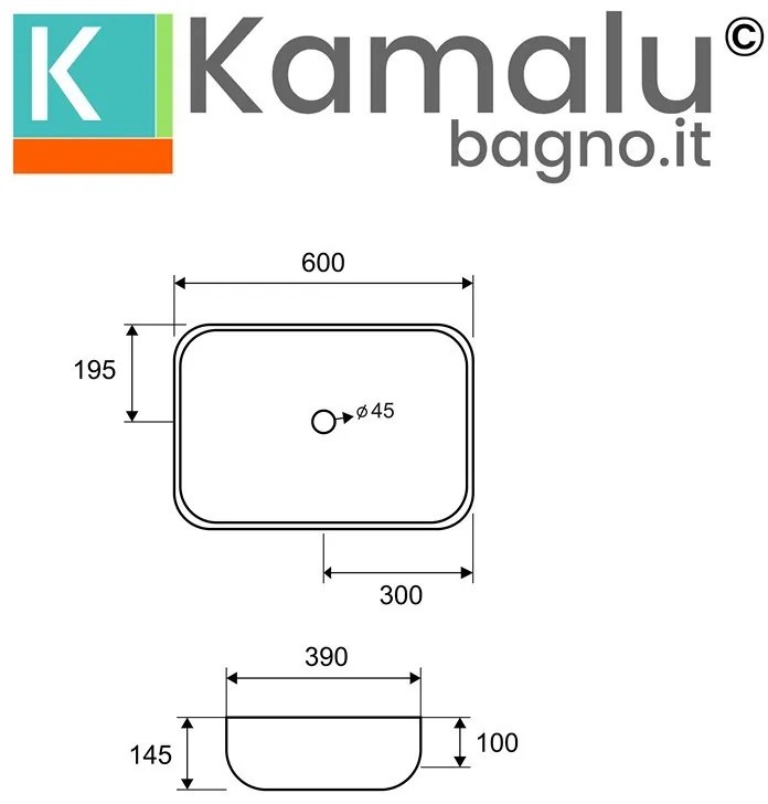 Kamalu - lavabo da appoggio colore nero opaco design rettangolare arrotondato | 60cm mil-ln