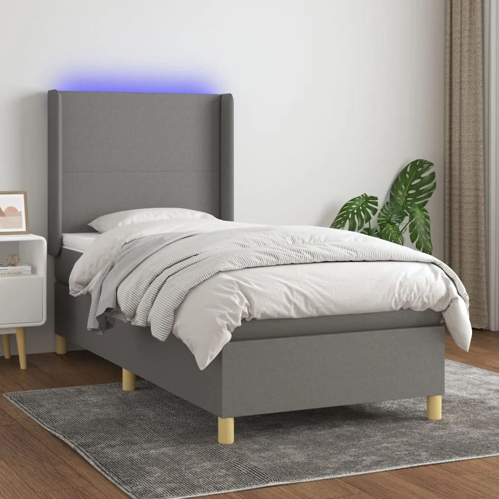 Letto a molle materasso e led grigio scuro 90x190 cm in tessuto