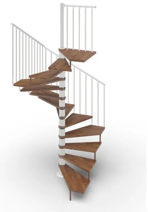 Scala a chiocciola a base quadrata Nara IRIS, larghezza 140 cm, struttura in metallo bianco, gradini in legno noce