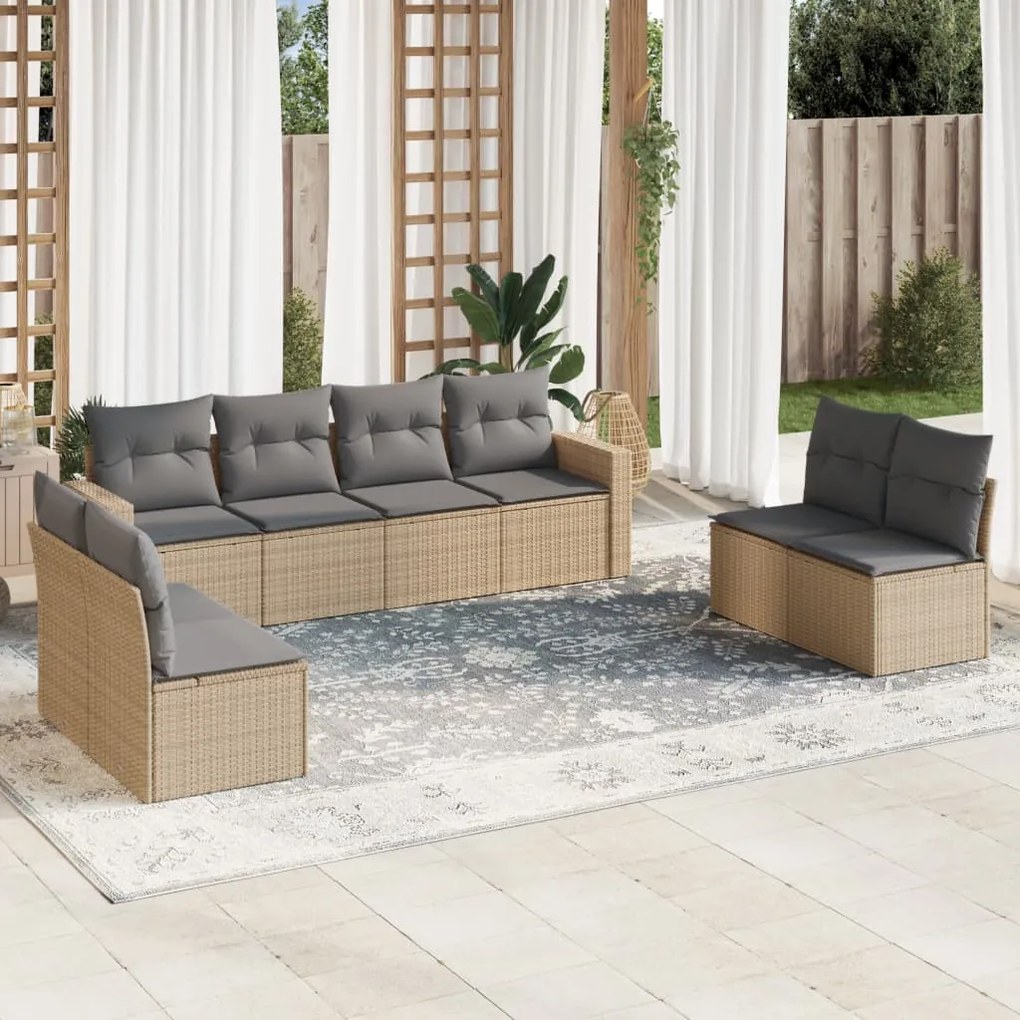 Set Divano da Giardino 8 pz con Cuscini Beige in Polyrattan