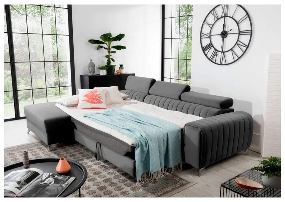 Divano angolare grigio scuro allungabile/con contenitore (con penisola a sinistra/con chaise lounge) e rivestimento in velluto Grayson – ELTAP