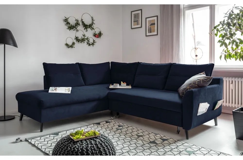 Divano letto angolare in velluto blu scuro L, angolo sinistro Stylish Stan - Miuform