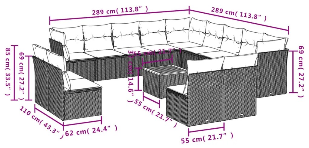 Set Divani da Giardino 14pz con Cuscini in Polyrattan Beige