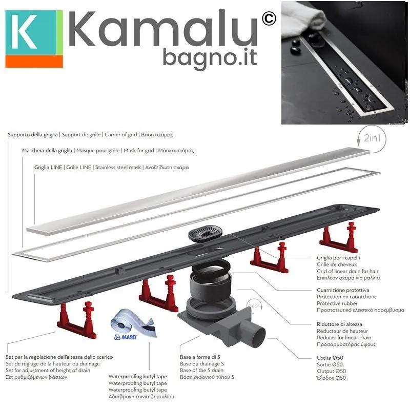 Kamalu - canalina doccia 65cm con coperchio in vetro nero cn-650