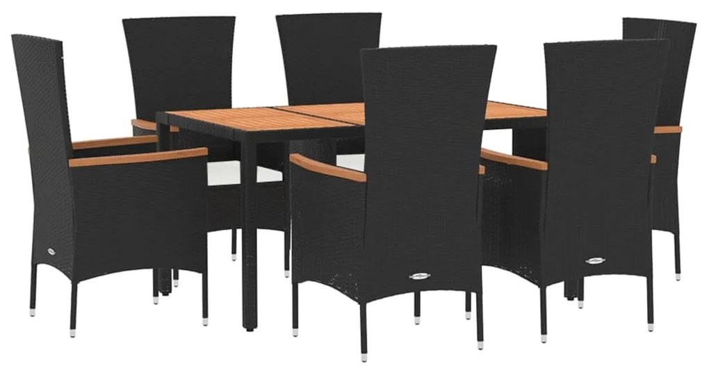 Set da pranzo da giardino 7 pz nero con cuscini in polyrattan