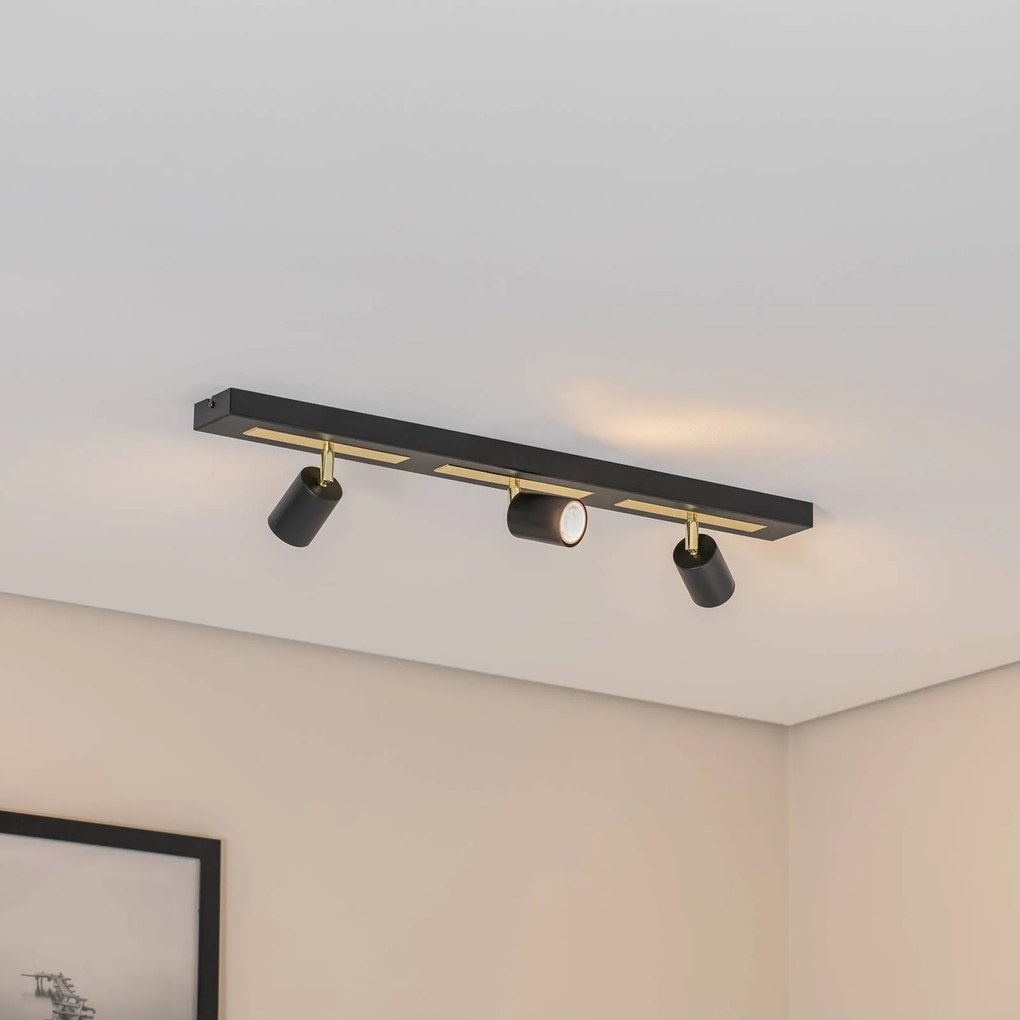 Luminex Faretto da soffitto Rodez, nero/oro, lunghezza 80 cm, a 3 luci.