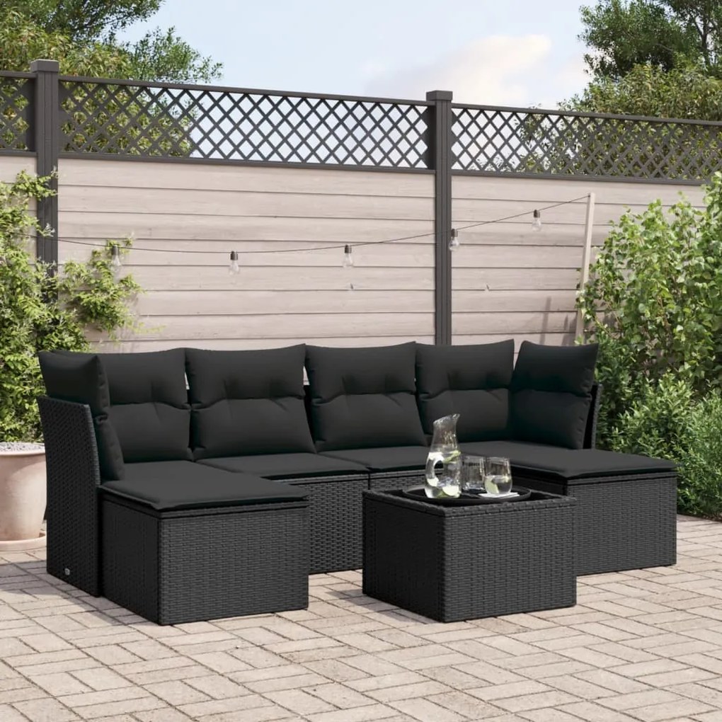 Set divani da giardino con cuscini 7pz nero polyrattan