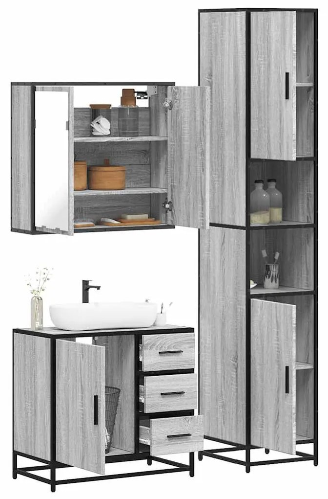 Set Mobili Da Bagno 3 Pz Grigio Sonoma İn Legno Multistrato /